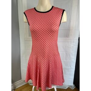 HKR Collections Red White Geometric Knit Fit Flare Dress Black Trim Sleeveless